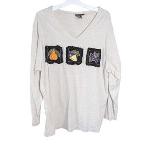 Carole Little II Vintage 90s Autumn Appliqué V-Neck Long Sleeve Top Fits 2X